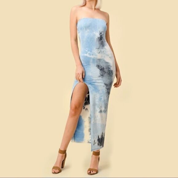 Only 1 Large Left! Blue Tie Dye Strapless Maxi Dress - Picture 9 of 9